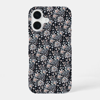 Coque iPhone 16 Housse à motif floral noir et blanc pour l'hiver