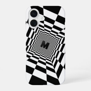 Coque iPhone 16 Illustration visuelle noire et blanche, monogramme