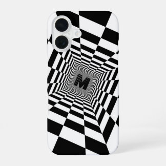 Coque iPhone 16 Illustration visuelle noire et blanche, monogramme