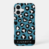 Coque iPhone 16 Impression Animale, Léopard Bleu, Cœurs, Votre Nom (Verso)