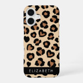 Coque iPhone 16 Impression Animale, Léopard Brun, Cœurs, Votre Nom (Verso)