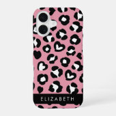 Coque iPhone 16 Impression Animale, Léopard Rose, Cœurs, Votre Nom (Verso)
