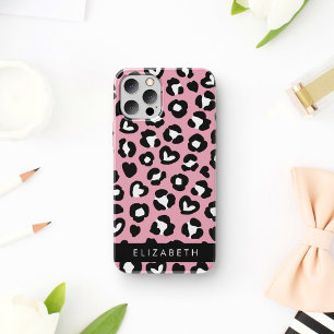Coque iPhone 16 Impression Animale, Léopard Rose, Cœurs, Votre Nom