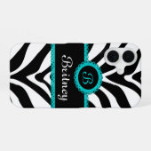 Coque iPhone 16 Imprimé Zèbre Aqua Dentelle Monogramme (Verso Horizontal)