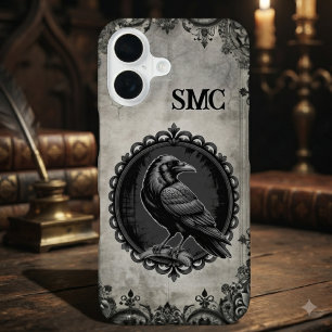 Coque iPhone 16 Initiale monogramme de corbeau gothique au charbon