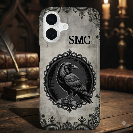 Coque iPhone 16 Initiale monogramme de corbeau gothique au charbon