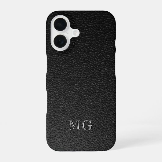 Coque iPhone 16 Initiales blanches en monogramme sur cuir noir mod (Verso)