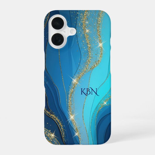 Coque iPhone 16 Initiales de monogramme paillettes bleues or (Verso)