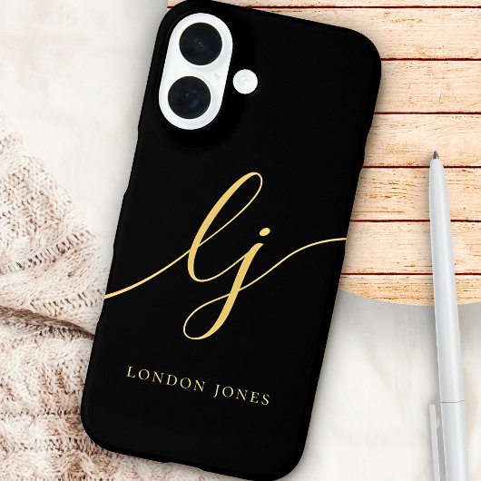 Coque iPhone 16 Initiales de script de calligraphie Monogram noir