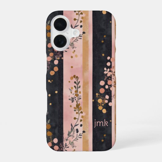 Coque iPhone 16 Initiales Monogramme Fleurs Rayures Rose Or Noir (Verso)