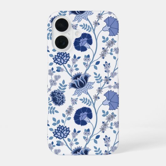 Coque iPhone 16 Jacobean Floral Big Motif Blues sur blanc (Verso)