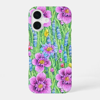 Coque iPhone 16 Jardin à fleurs cool motif coloré violet vert