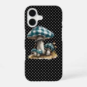 Coque iPhone 16 Jardin de champignons à carreaux aquarelle