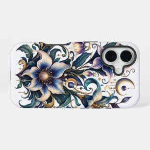 Coque iPhone 16 Jardin de minuit enchanté : Bleu et or lumineux