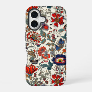Coque iPhone 16 Jardin floral en rouge et bleu foncé