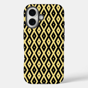 Coque iPhone 16 Jaune citron et motif diamant noir
