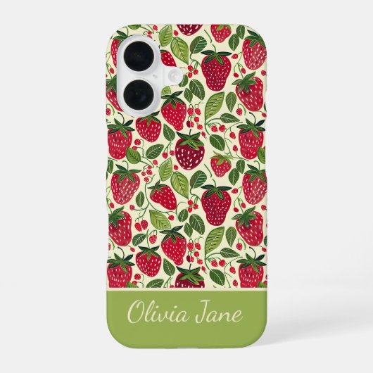 Coque iPhone 16 Joli design fraise avec nom personnalisé (Verso)