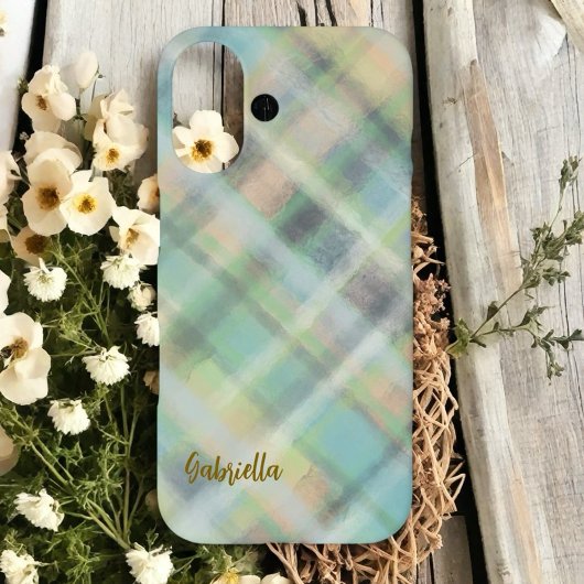 Coque iPhone 16 Joli script monogramme plaid turquoise jaune gris