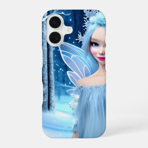 Coque iPhone 16 Jolie fée d'hiver bleu clair en 3D dans la forêt