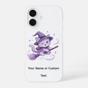 Coque iPhone 16 Jolie sorcière chat violet sur un balai Halloween