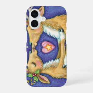 Coque iPhone 16 Jolis rennes de Noël, baiser romantique avec du gu
