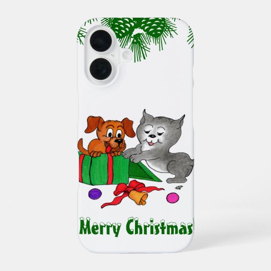 Coque iPhone 16 Joyeux Noël avec chat et chiot (Verso)