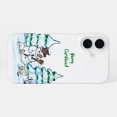 Coque iPhone 16 Joyeux Noël ! Snowman avec chat et chiot (Verso Horizontal)