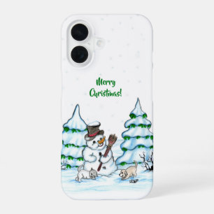 Coque iPhone 16 Joyeux Noël ! Snowman avec chat et chiot