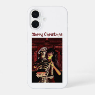Coque iPhone 16 Joyeux Noël. Squelette drôle avec femme