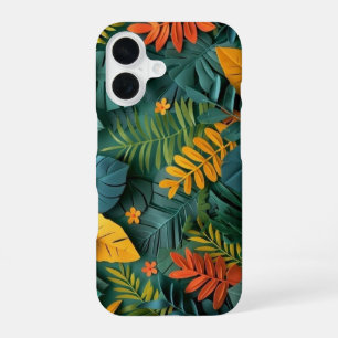 Coque iPhone 16 Jungle Tropical Profond Vert et Orange en Papier D