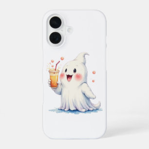 Coque iPhone 16 Kawaii Ghost Boire Soda Téléphone Case