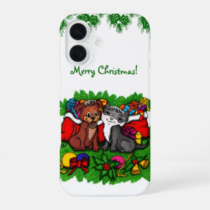 Coque iPhone 16 Kitty et Puppy, Joyeux Noël