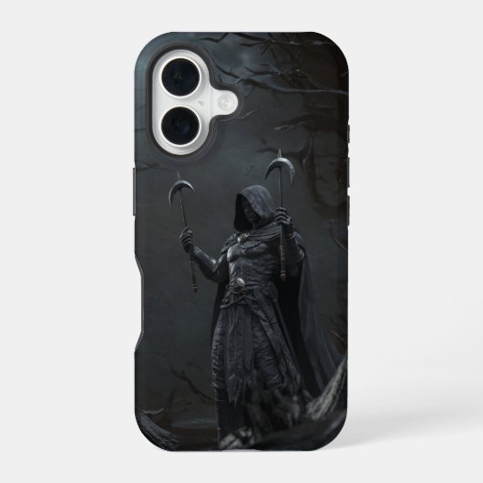Coque iPhone 16 La Faucheuse des ombres - Twin Blade Warrior (Verso)