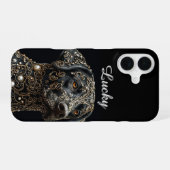 Coque iPhone 16 Labrador noir avec or et perle complexes (Verso Horizontal)