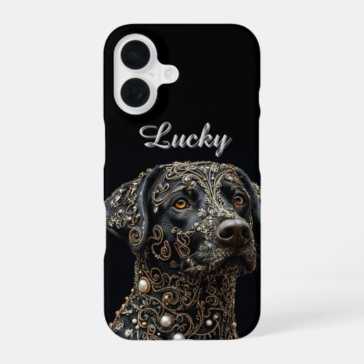 Coque iPhone 16 Labrador noir avec or et perle complexes (Verso)