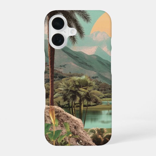 Coque iPhone 16 Lac Tropical Surreal Avec Palmiers (Verso)