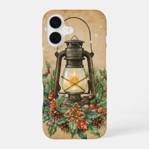 Coque iPhone 16 Lanterne vintage Noël houx pin rustique