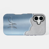 Coque iPhone 16 Lecteurs d'argent Monogramme bleu métallique (Verso Horizontal)