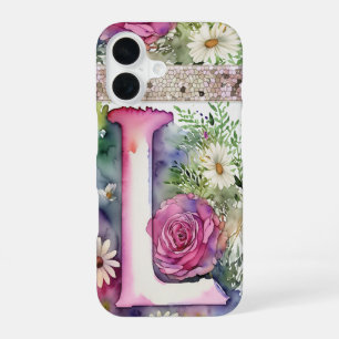 Coque iPhone 16 Lettre personnalisée L Aquarelle florale élégante