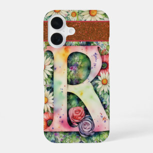 Coque iPhone 16 Lettre personnalisée R Élégant floral aquarelle