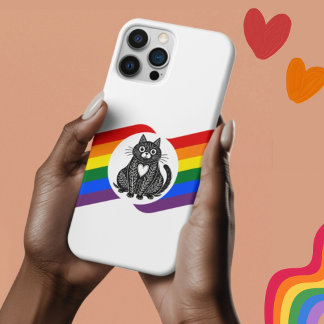 Coque iPhone 16 LGBT Pride Black & White Folk Art Cat coque iphone