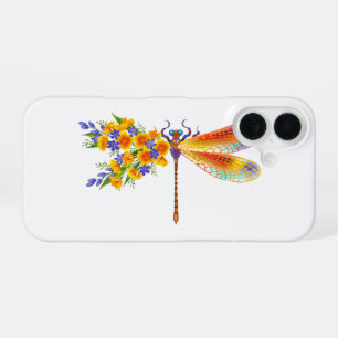 Coque iPhone 16 libellule de fleurs jaunes