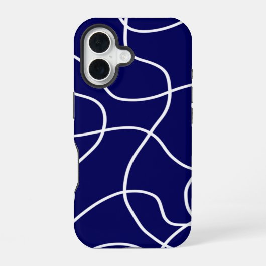 Coque iPhone 16 Ligne Art : Blanc sur Bleu foncé (Verso)