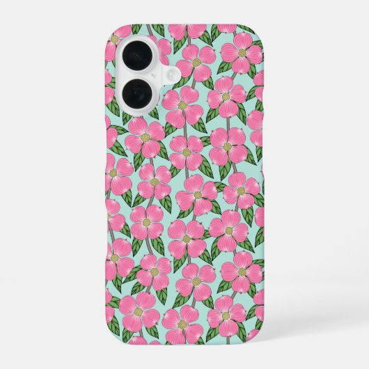 Coque iPhone 16 ligne de bois de chien à fleurs roses tirant flora (Verso)