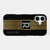 Coque iPhone 16 Lignes dorées Monogramme / monogramme noir (Verso Horizontal)