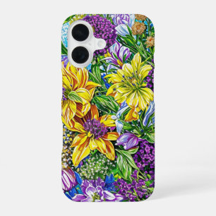 Coque iPhone 16 Lilac Jaune Bleu Vert Jardin Fleurs Motif