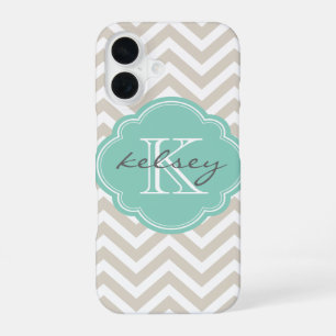 Coque iPhone 16 Lin Beige et Aqua Chevron Monogramme personnalisé