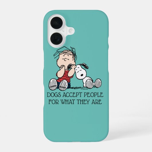 Coque iPhone 16 Linus réconforté par l'oreille de Snoopy (Verso)