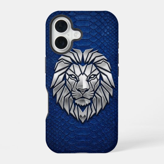 Coque iPhone 16 Lion Géométrique Chrome Argent Python Bleu iPhone (Verso)