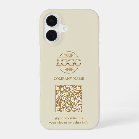 Coque iPhone 16 Logo d'entreprise moderne beige et code QR promoti (Verso)